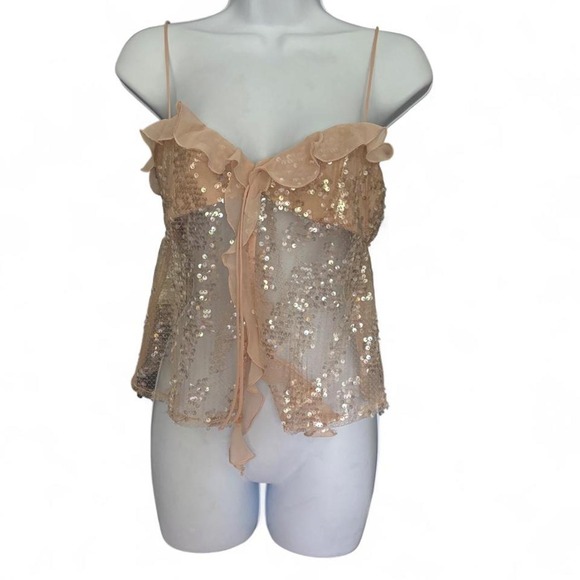 Zara Tops - Zara Pink Sequin Camisole Top, featuring sheer mesh ruffled chiffon trim SZ XS